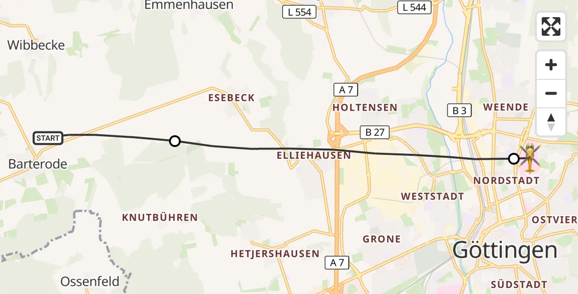 Flugroute Rettungshubschrauber Adelebsen - Göttingen University Clinic Hubschrauberlandeplatz, 26 September 2026, 17:44