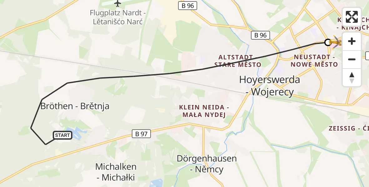 Flugroute Rettungshubschrauber Hoyerswerda - Lausitzer Seenland Hospital, 26 September 2026, 17:47