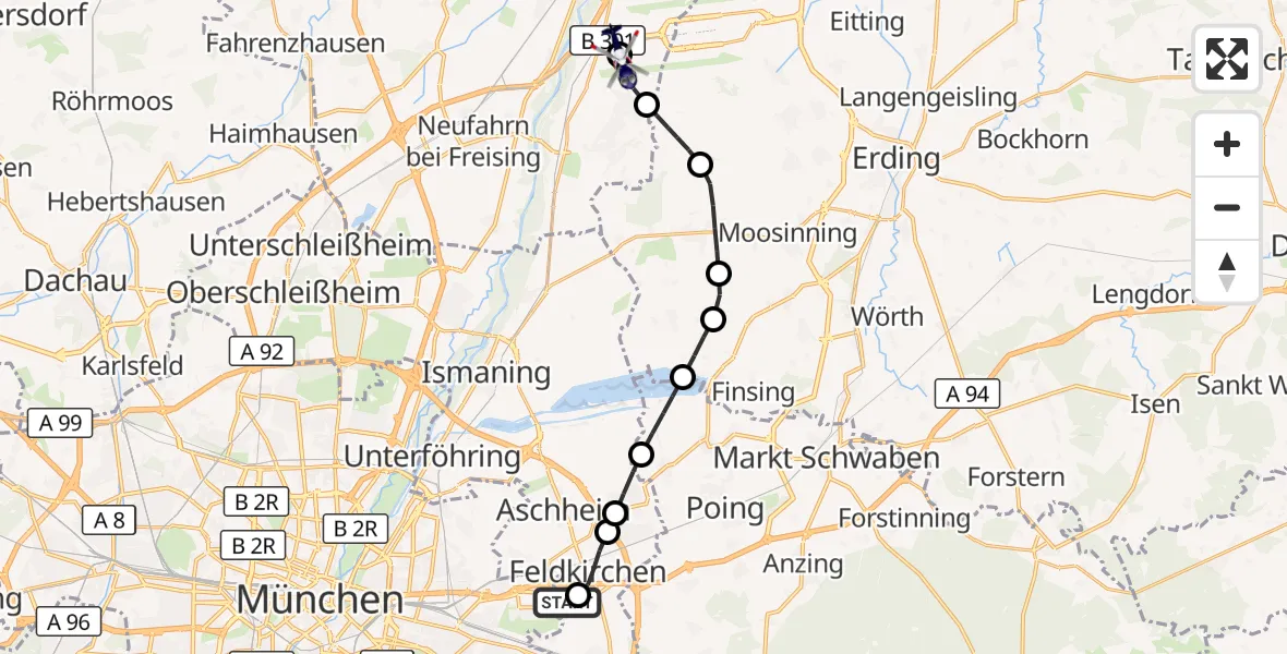Flugroute Polizeihubschrauber München - München Flughafen, 26 September 2026, 17:51