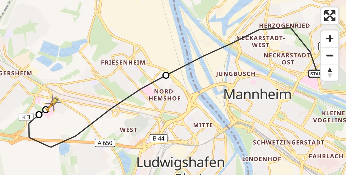 Flugroute Rettungshubschrauber Mannheim - Ludwigshafen Accident Hospital, 26 September 2026, 17:54