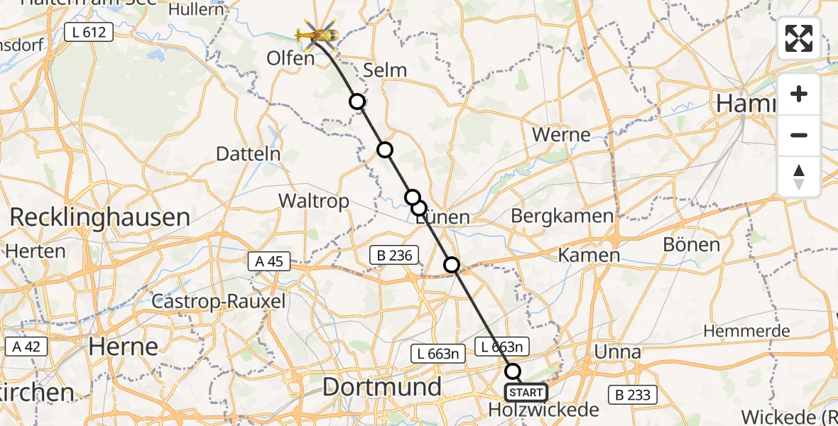 Flugroute Rettungshubschrauber Dortmund Flughafen - Olfen, 26 September 2026, 18:48