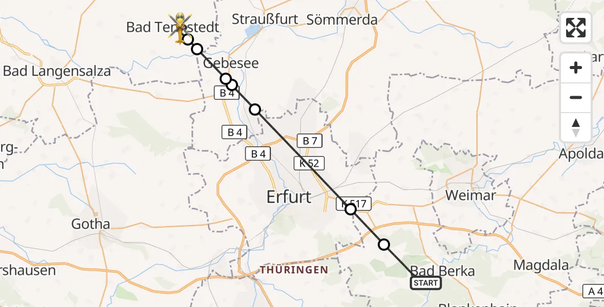 Flugroute Ambulanzhubschrauber Bad Berka - Bad Tennstedt, 26 September 2026, 18:59