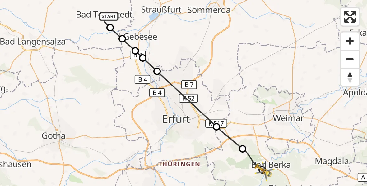 Flugroute Ambulanzhubschrauber Bad Tennstedt - Bad Berka Central Hospital, 26 September 2026, 19:30