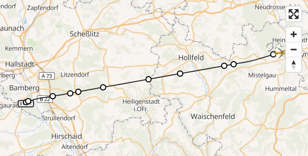 Flugroute Rettungshubschrauber Bamberg Hospital - Bayreuth, 26 September 2026, 19:44
