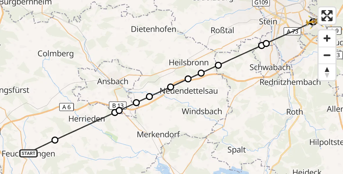 Flugroute Rettungshubschrauber Feuchtwangen - Nürnberg South Hospital, 26 September 2026, 21:45