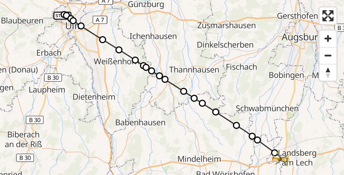 Flugroute Rettungshubschrauber Ulm Military Hospital Emergency - Igling, 27 September 2026, 05:10