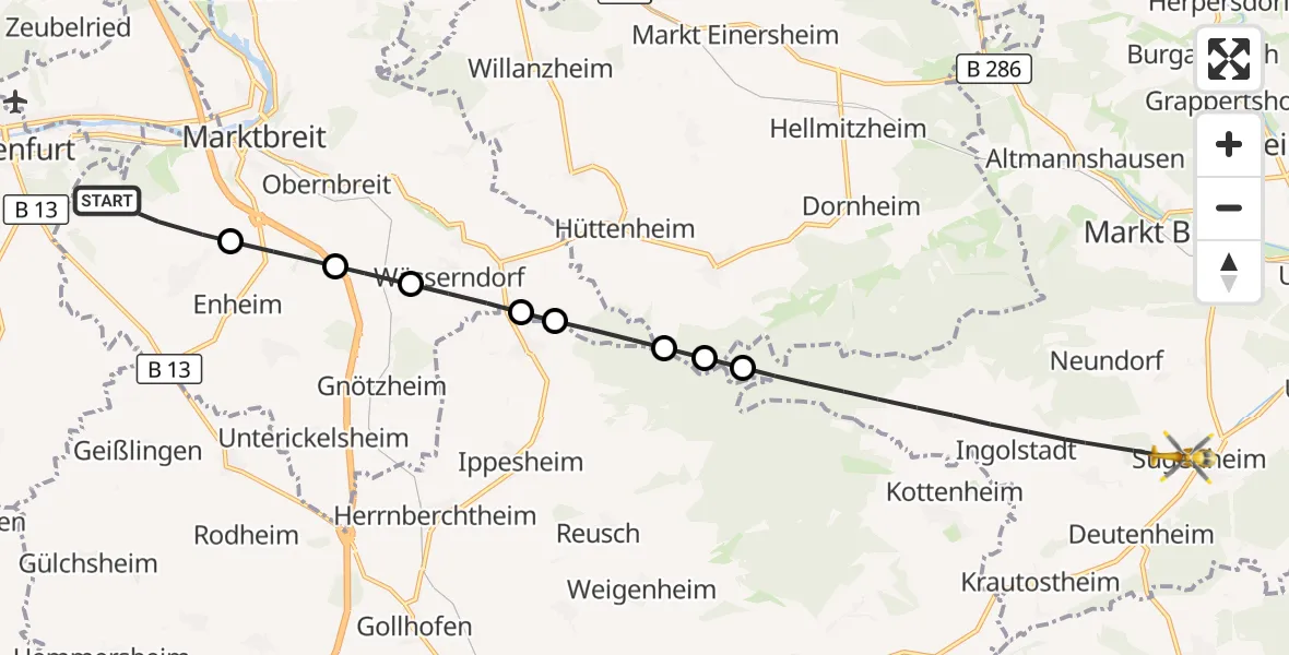 Flugroute Rettungshubschrauber Marktbreit - Sugenheim, 27 September 2026, 05:49