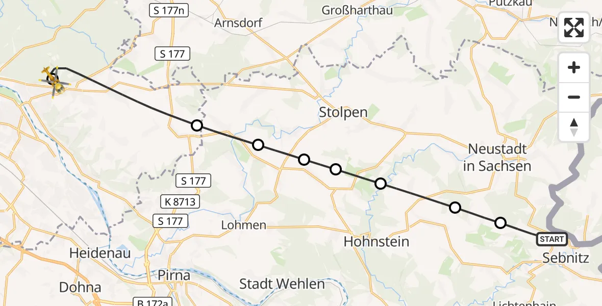 Flugroute Rettungshubschrauber Sebnitz - Weißer Hirsch Hospital, 27 September 2026, 06:10