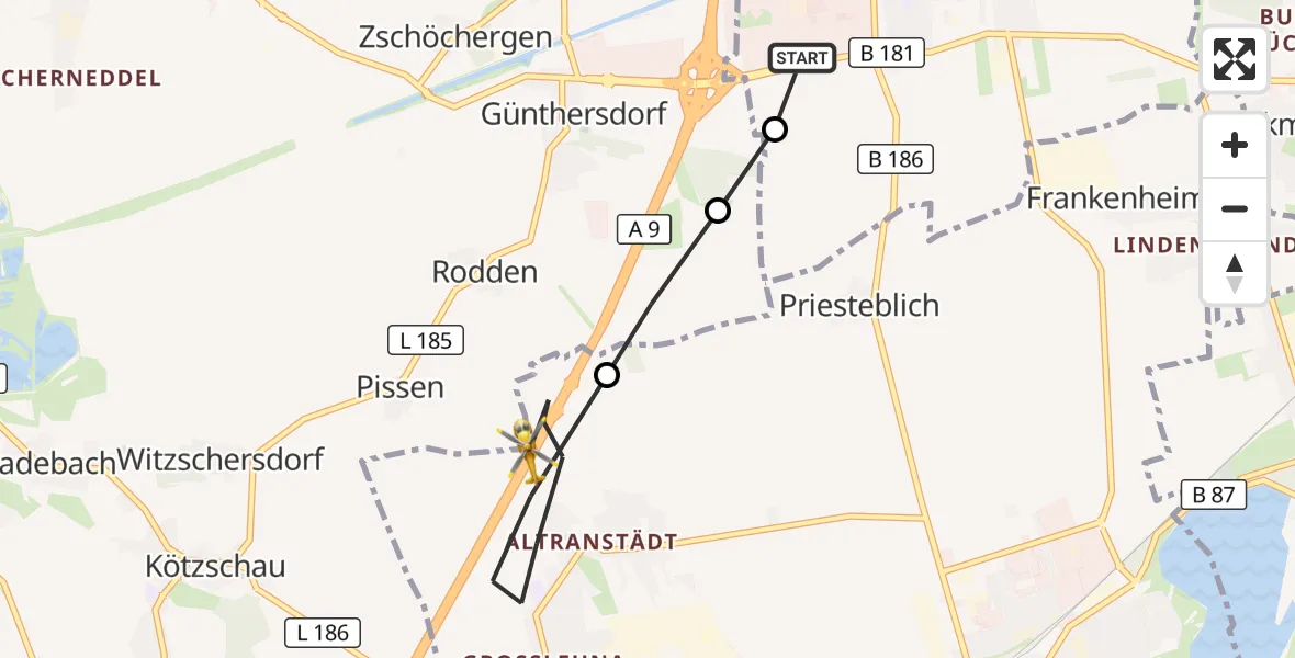 Flugroute Rettungshubschrauber ADAC Air Rescue Station Leipzig/Schkeuditz-Dölzig Hubschrauberlandeplatz (Christoph 61) - Markranstädt, 27 September 2026, 06:14
