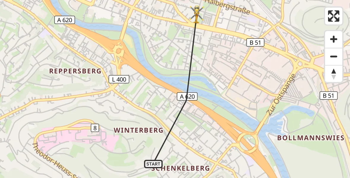 Flugroute Rettungshubschrauber Saarbrücken - Saarbrücken, 27 September 2026, 06:46