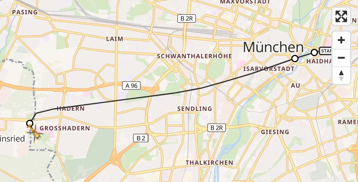 Flugroute Rettungshubschrauber Rechts der Isar University Hospital - DRF Air Rescue München Hubschrauberlandeplatz, 27 September 2026, 06:59