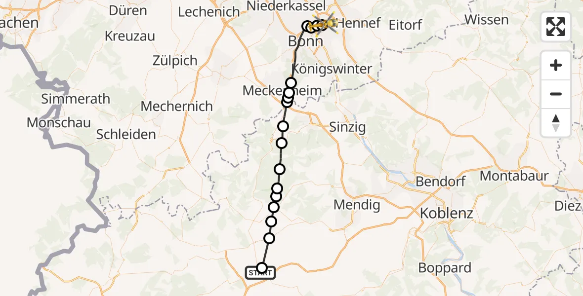 Flugroute Rettungshubschrauber Schönbach - Bonn-Hangelar Flugplatz, 27 September 2026, 07:08