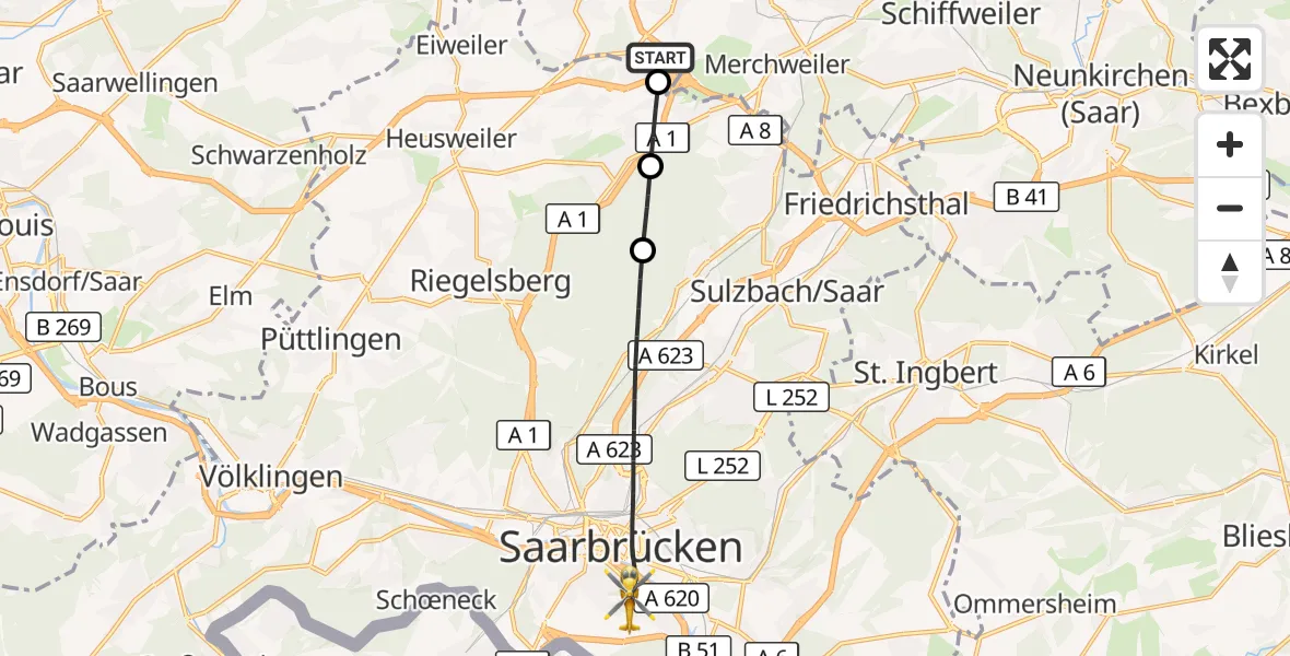 Flugroute Rettungshubschrauber Illingen - Saarbrücken, 27 September 2026, 07:11
