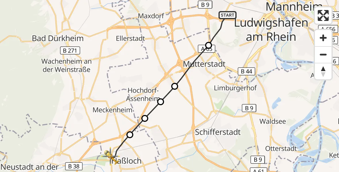 Flugroute Rettungshubschrauber Ludwigshafen am Rhein - Haßloch, 27 September 2026, 07:14