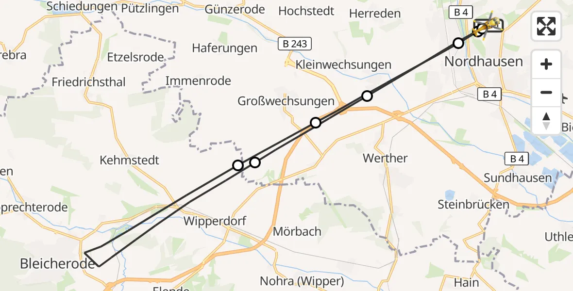 Flugroute Rettungshubschrauber Südharz Hospital Nordhausen - Südharz Hospital Nordhausen, 27 September 2026, 07:16