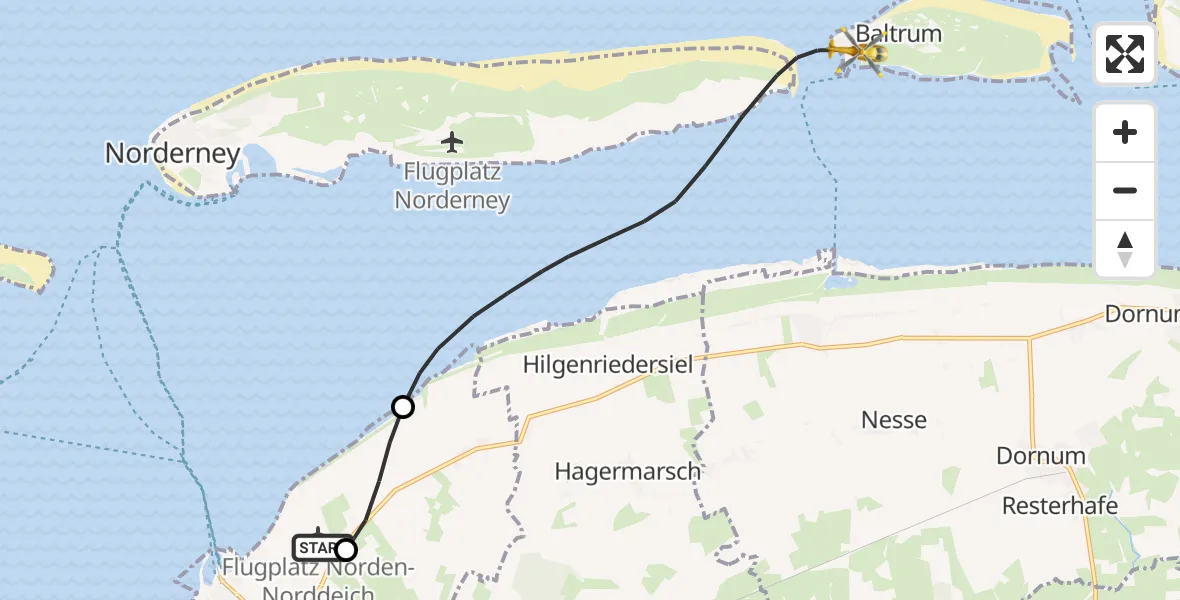Flugroute Ambulanzhubschrauber Norden-Norddeich Flughafen - Baltrum Flughafen, 27 September 2026, 07:18
