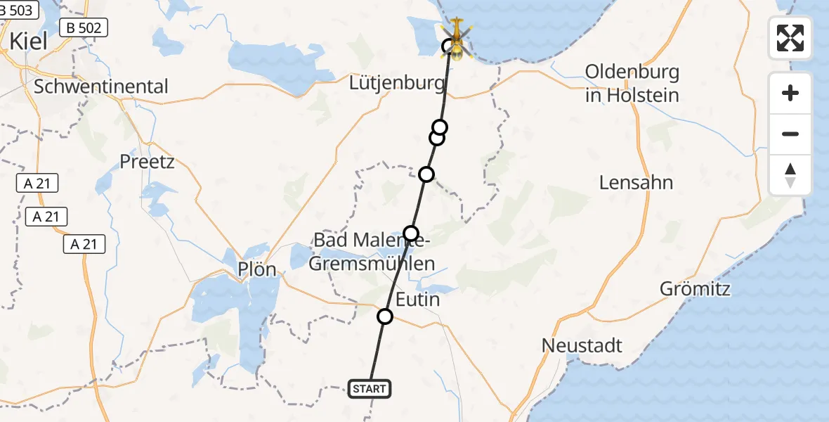 Flugroute Rettungshubschrauber Bosau - Hohwacht (Ostsee), 27 September 2026, 07:37