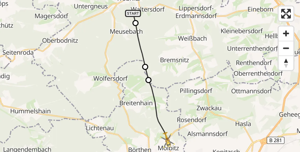 Flugroute Rettungshubschrauber Tröbnitz - Neustadt an der Orla, 27 September 2026, 07:37