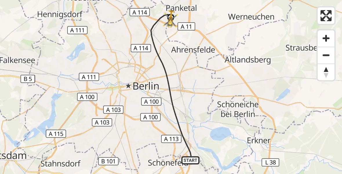 Flugroute Rettungshubschrauber Berlin - Helios Clinic Berlin-Buch, 27 September 2026, 07:45