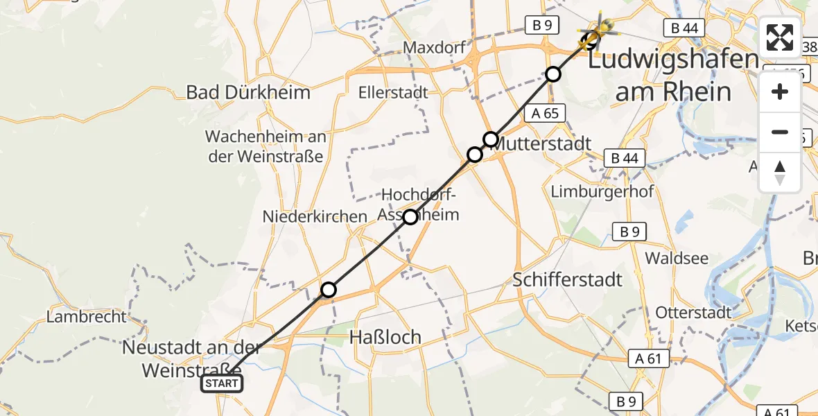 Flugroute Rettungshubschrauber Neustadt an der Weinstraße - Ludwigshafen Accident Hospital, 27 September 2026, 07:54