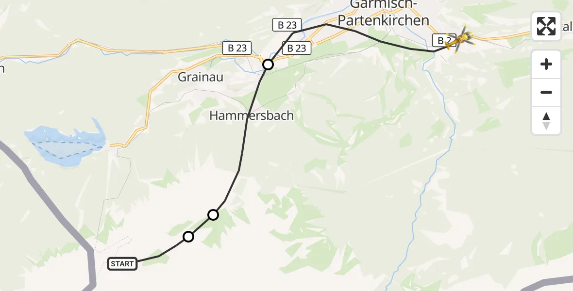 Flugroute Rettungshubschrauber Grainau - Garmisch-Partenkirchen Clinic Hubschrauberlandeplatz, 27 September 2026, 07:56