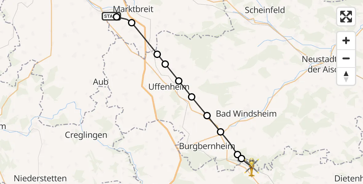 Flugroute Rettungshubschrauber Ochsenfurt Hospital - Oberdachstetten, 27 September 2026, 07:56