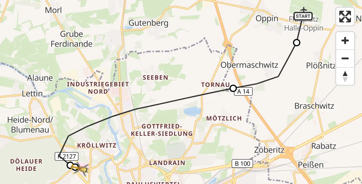 Flugroute Rettungshubschrauber Halle-Oppin Flugplatz - Halle (Saale) University Hospital, 27 September 2026, 07:58