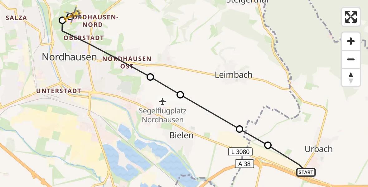 Flugroute Rettungshubschrauber Heringen/Helme - Südharz Hospital Nordhausen, 27 September 2026, 08:09