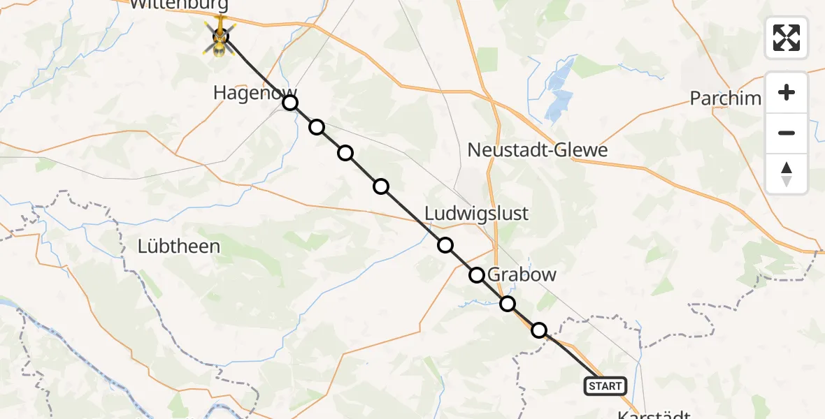 Flugroute Rettungshubschrauber Karstädt - Bobzin, 27 September 2026, 08:10