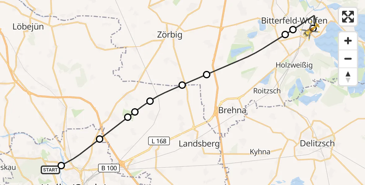 Flugroute Rettungshubschrauber Halle (Saale) University Hospital - Bitterfield-Wolfen Health Center Hubschrauberlandeplatz, 27 September 2026, 08:22