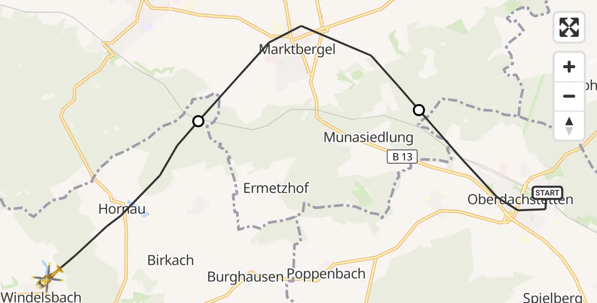 Flugroute Rettungshubschrauber Oberdachstetten - Windelsbach, 27 September 2026, 08:25
