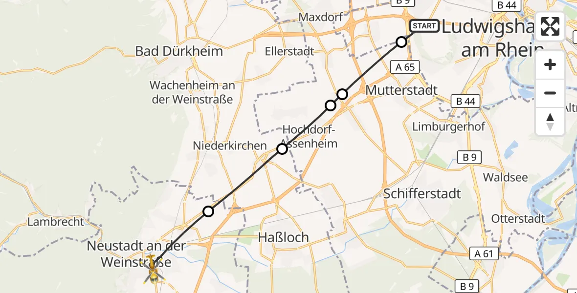Flugroute Rettungshubschrauber Ludwigshafen am Rhein - Neustadt an der Weinstraße, 27 September 2026, 08:31