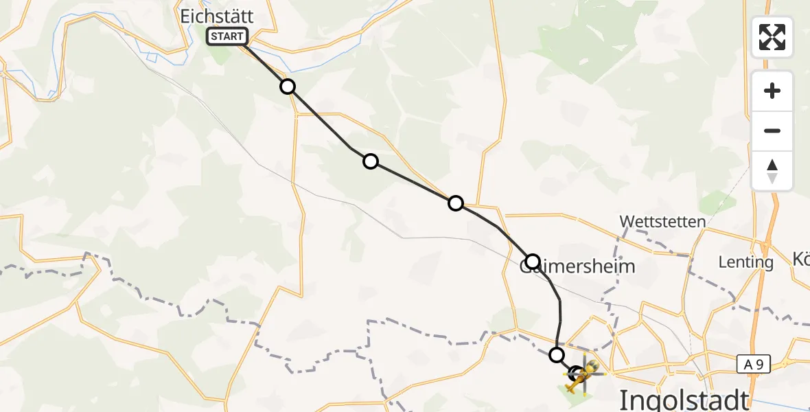 Flugroute Rettungshubschrauber Eichstätt - Ingolstadt Hospital, 27 September 2026, 08:34