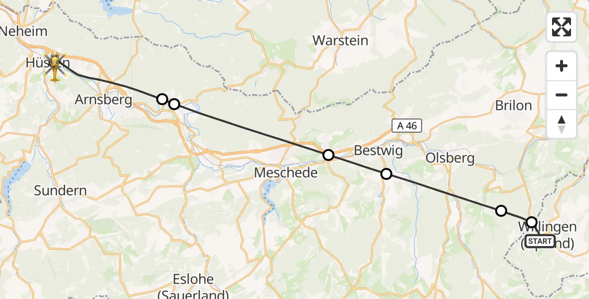 Flugroute Rettungshubschrauber Willingen (Upland) - Arnsberg, 27 September 2026, 08:39