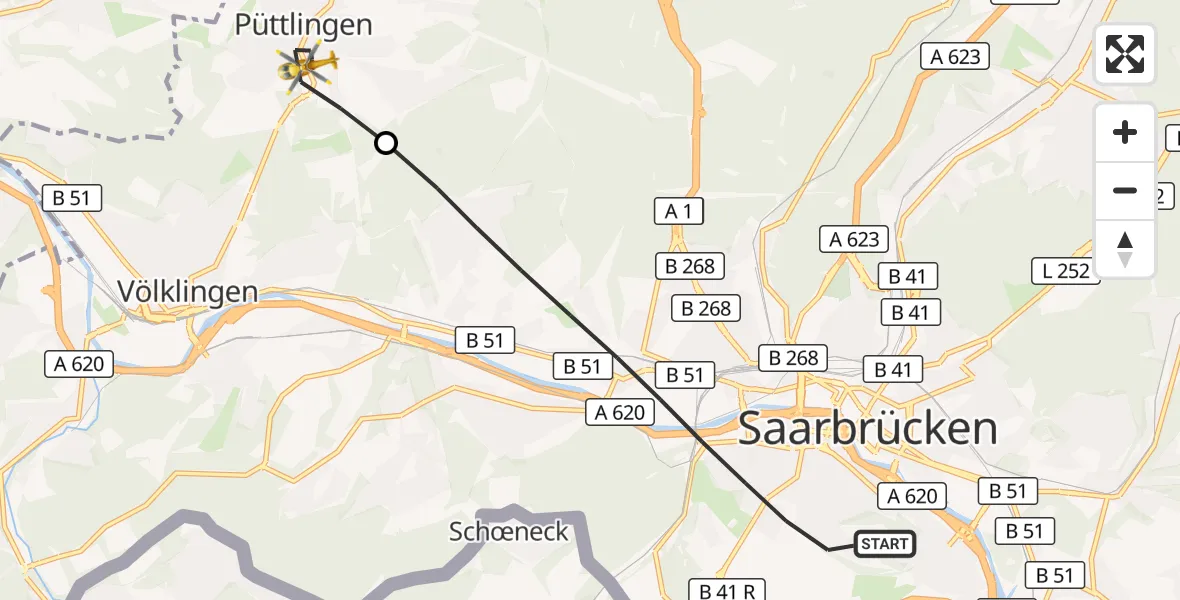 Flugroute Rettungshubschrauber Saarbrücken - Püttlingen, 27 September 2026, 08:46