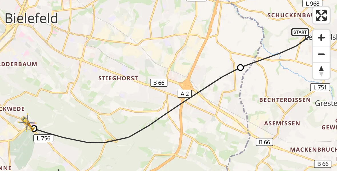 Flugroute Rettungshubschrauber Leopoldshöhe - Luftrettungszentrum Bielefeld, 27 September 2026, 08:48