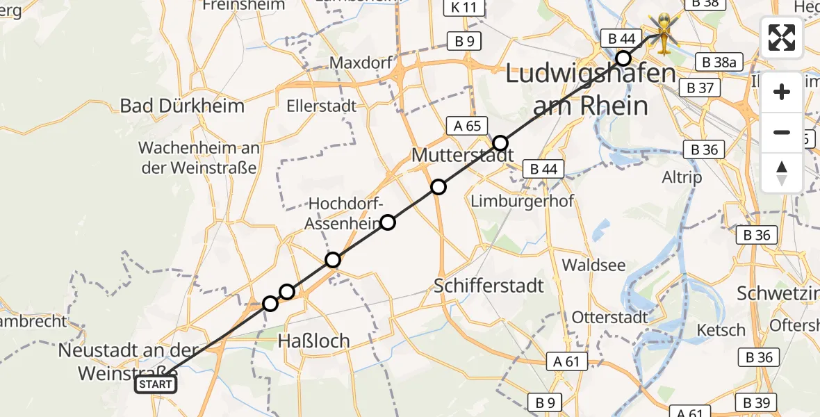 Flugroute Rettungshubschrauber Neustadt an der Weinstraße - Mannheim, 27 September 2026, 08:55
