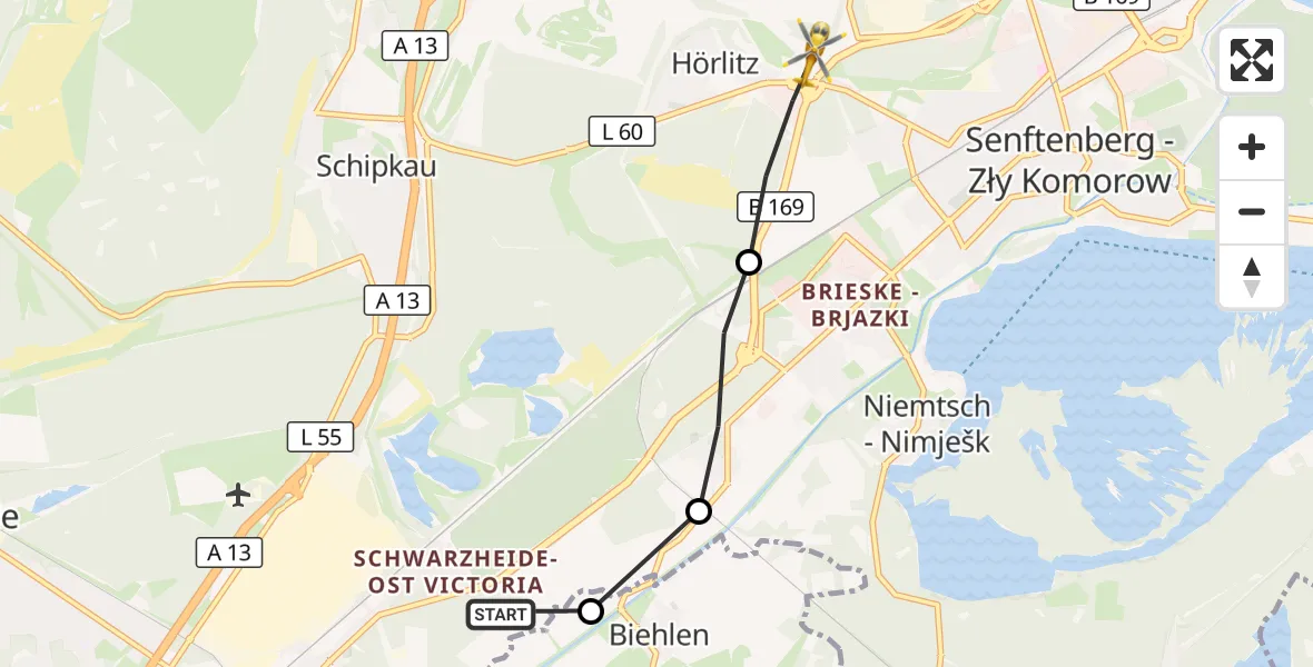 Flugroute Rettungshubschrauber Schwarzheide - Schipkau, 27 September 2026, 09:24