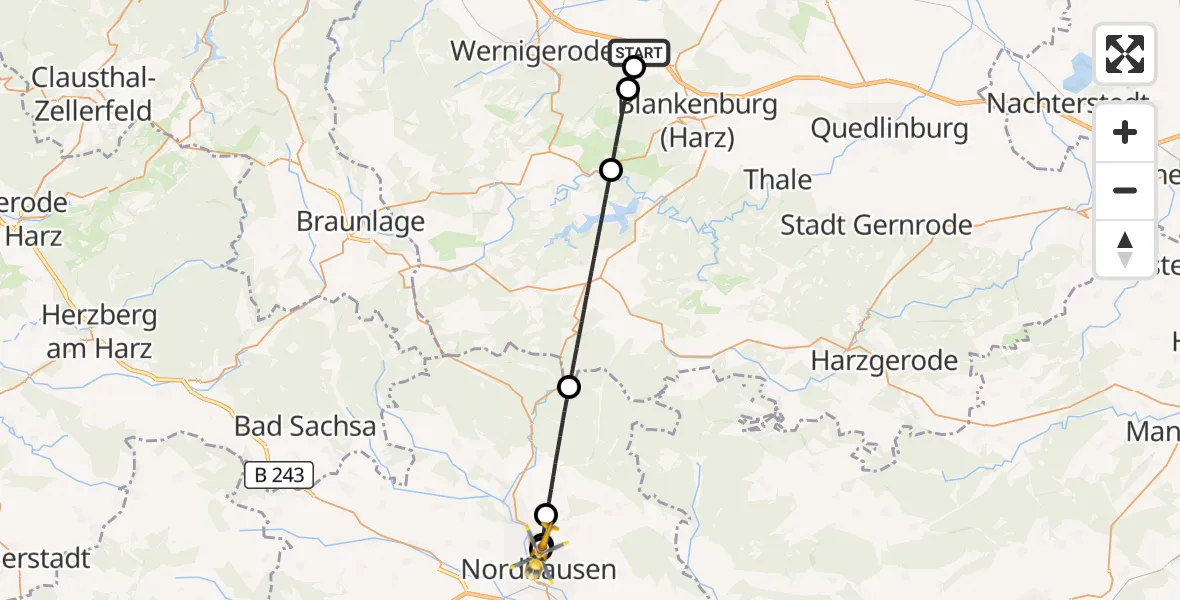Flugroute Rettungshubschrauber Blankenburg (Harz) - Südharz Hospital Nordhausen, 27 September 2026, 09:30