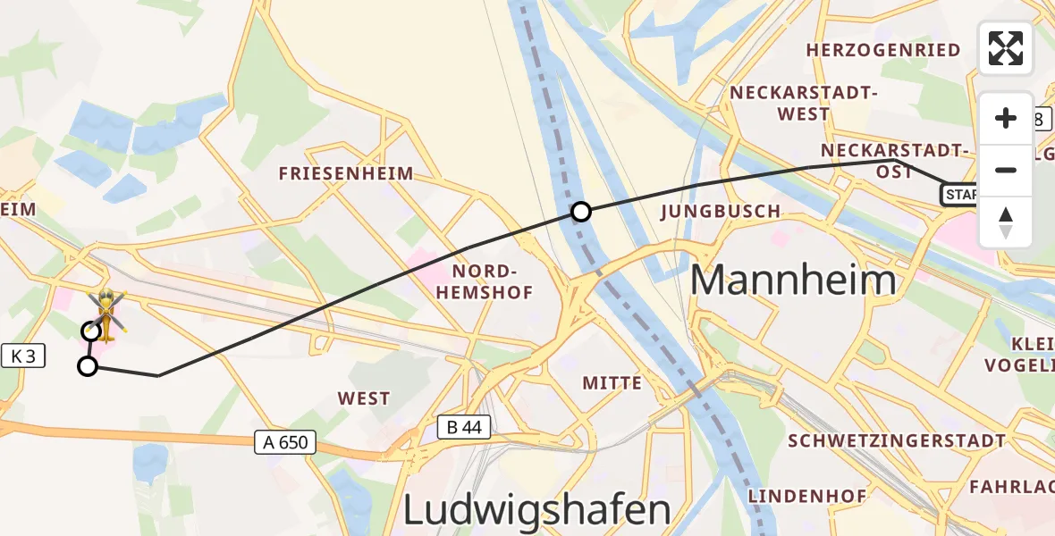 Flugroute Rettungshubschrauber Mannheim - Ludwigshafen Accident Hospital, 27 September 2026, 09:40