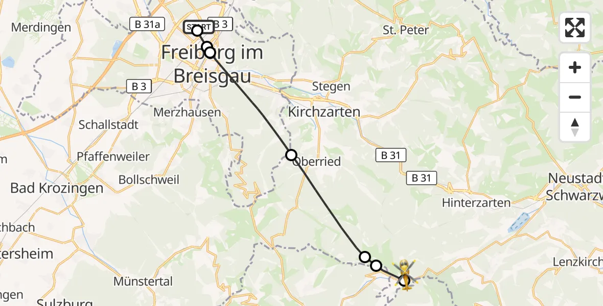 Flugroute Ambulanzhubschrauber Freiburg im Breisgau Flugplatz - Feldberg (Schwarzwald), 27 September 2026, 09:59