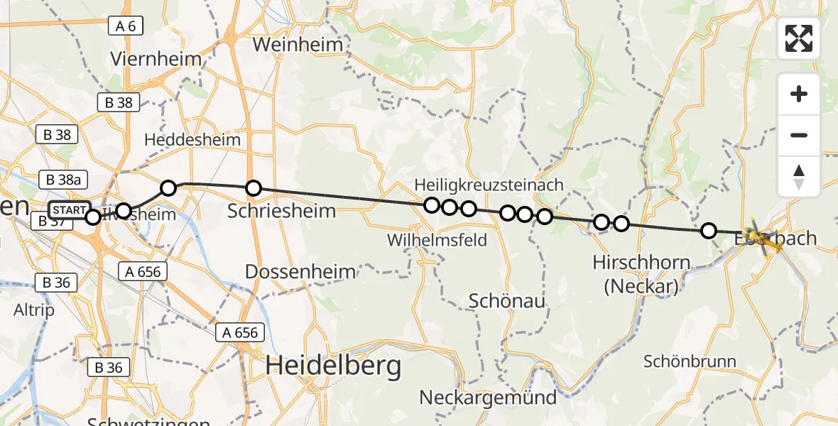 Flugroute Rettungshubschrauber Mannheim-City Flughafen - Eberbach, 27 September 2026, 09:59