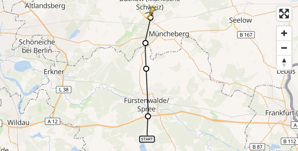 Flugroute Rettungshubschrauber Bad Saarow - Waldsieversdorf, 27 September 2026, 10:20