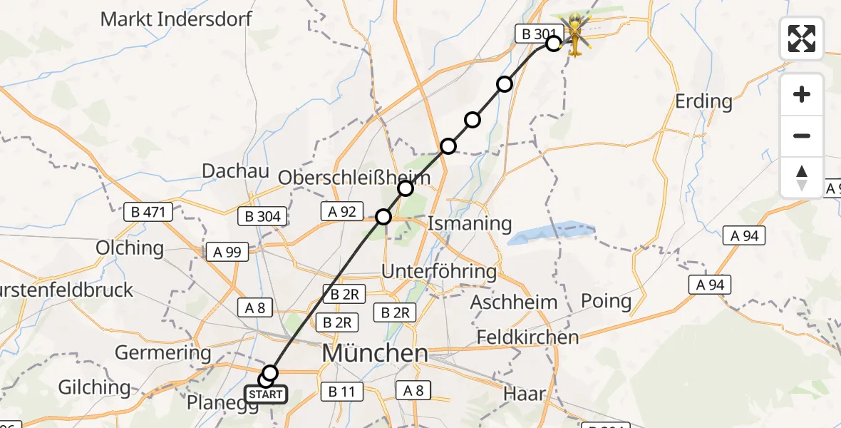Flugroute Rettungshubschrauber DRF Air Rescue München Hubschrauberlandeplatz - München Flughafen, 27 September 2026, 10:20