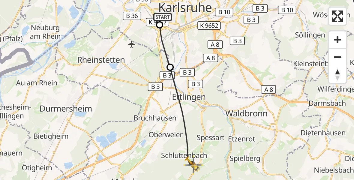 Flugroute Ambulanzhubschrauber Sankt Vincentius Hospital - Ettlingen, 27 September 2026, 10:35