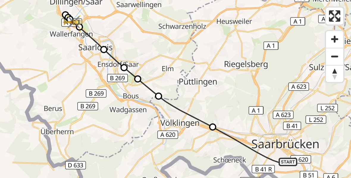 Flugroute Rettungshubschrauber Saarbrücken - Wallerfangen, 27 September 2026, 10:40