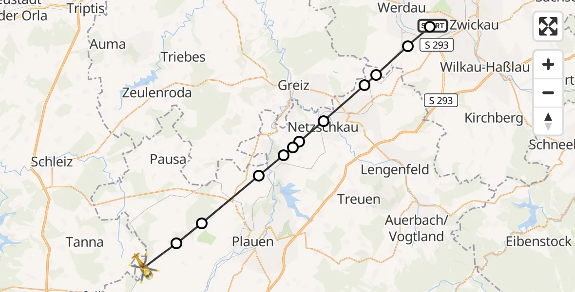 Flugroute Rettungshubschrauber ADAC Air Rescue Station Zwickau Hubschrauberlandeplatz - Weischlitz, 27 September 2026, 10:49