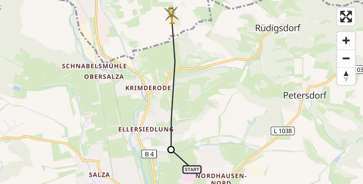 Flugroute Rettungshubschrauber Südharz Hospital Nordhausen - Harztor, 27 September 2026, 10:53