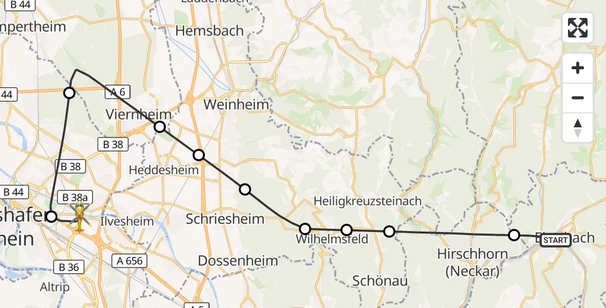 Flugroute Rettungshubschrauber Eberbach - Mannheim-City Flughafen, 27 September 2026, 10:55