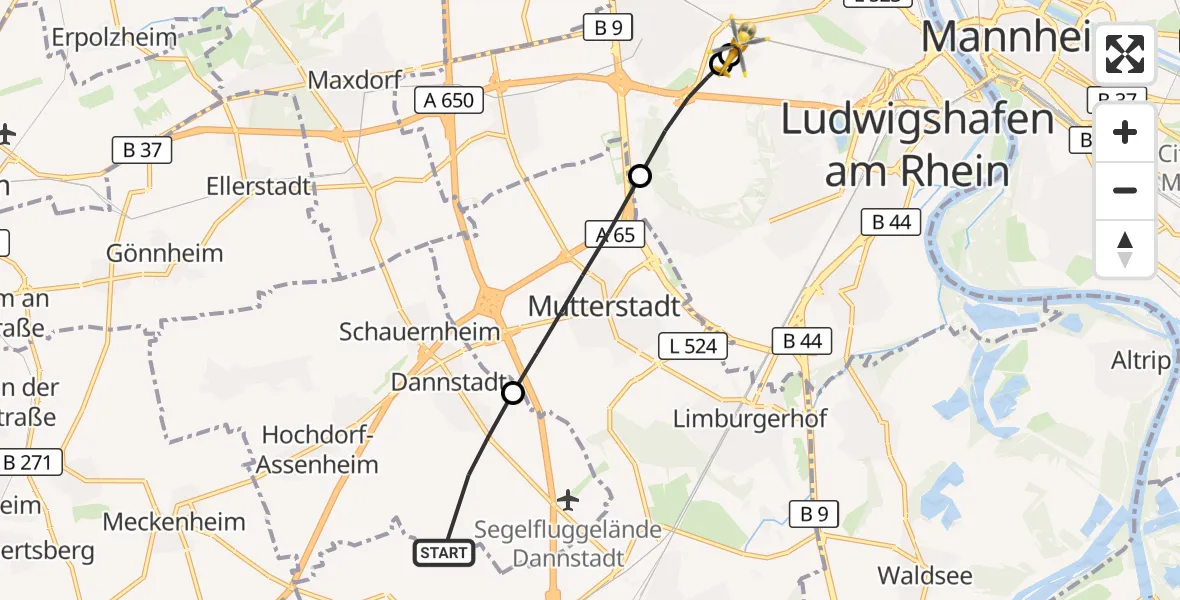 Flugroute Rettungshubschrauber Dannstadt-Schauernheim - Ludwigshafen Accident Hospital, 27 September 2026, 11:10